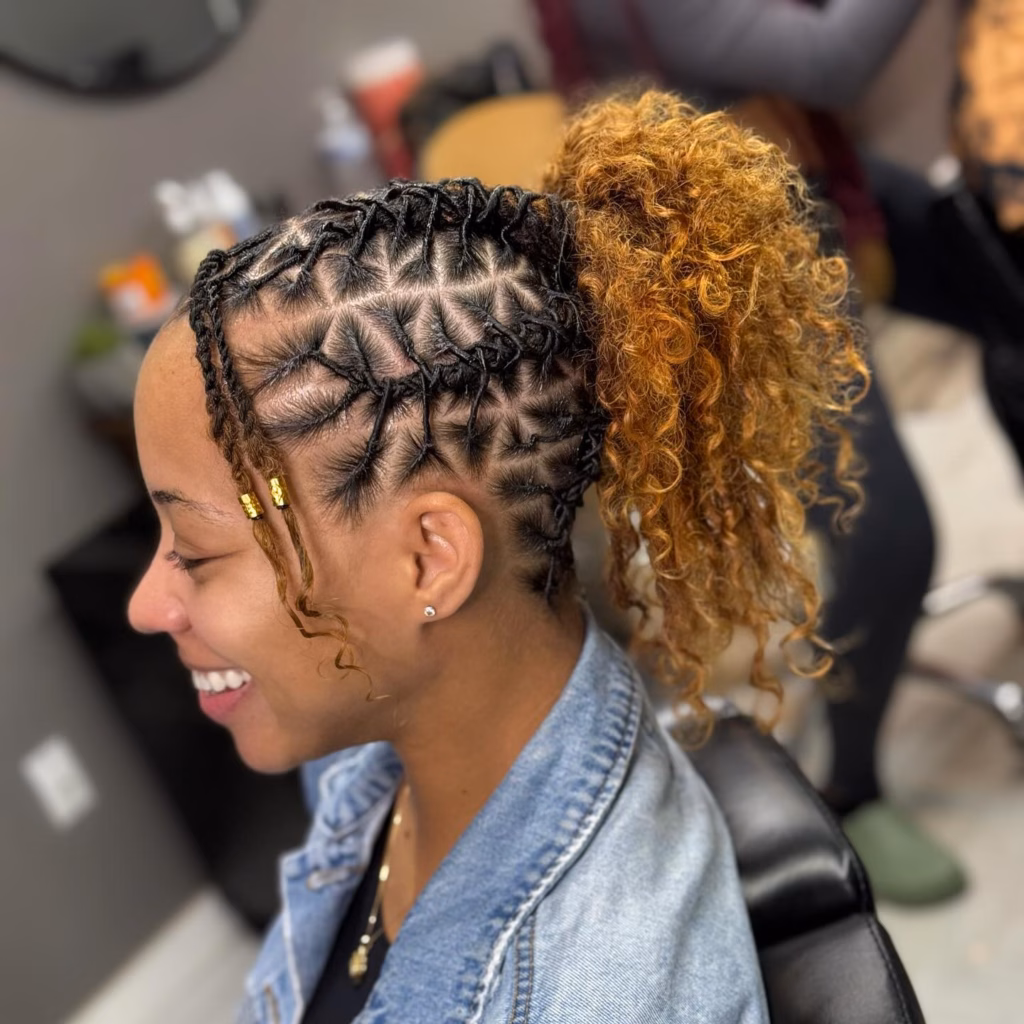 Black Flat-Laid Locs with Golden Curly Ponytail and Gold Cuffs