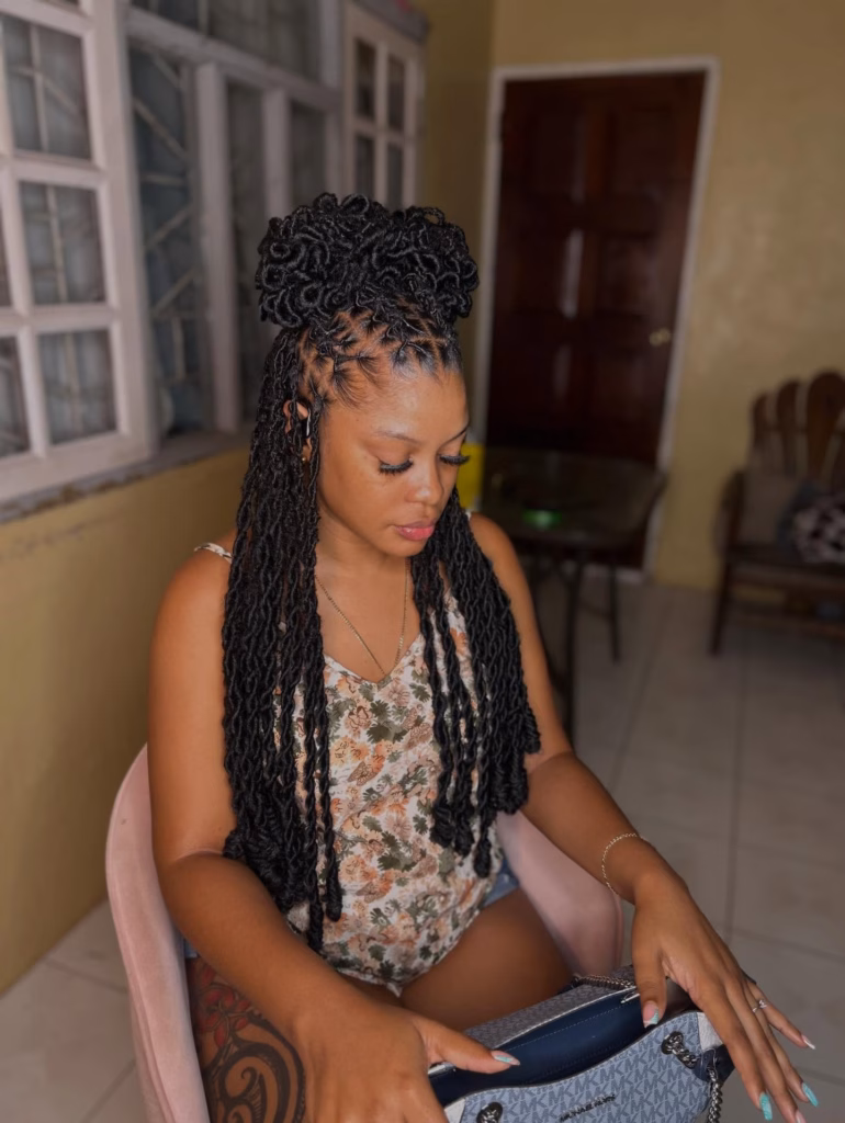 Black Half-Up Looped Bun with Long Flowing Soft Locs