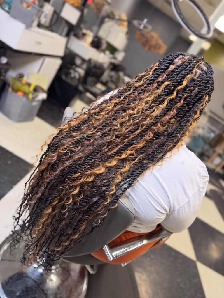 Black and Honey Blonde Passion Twists with Curly Ends
