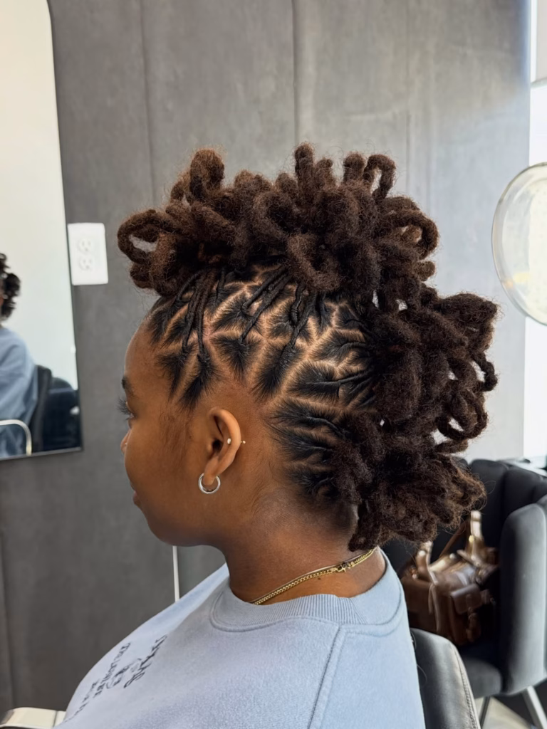 Brown Loc Mohawk Updo with Knotted Sides