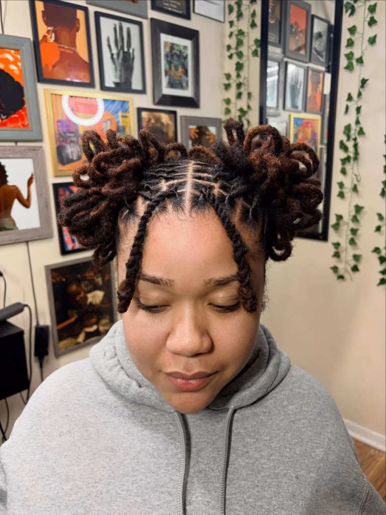 Brown Ombre Loc Double Buns With Twisted Front Pieces