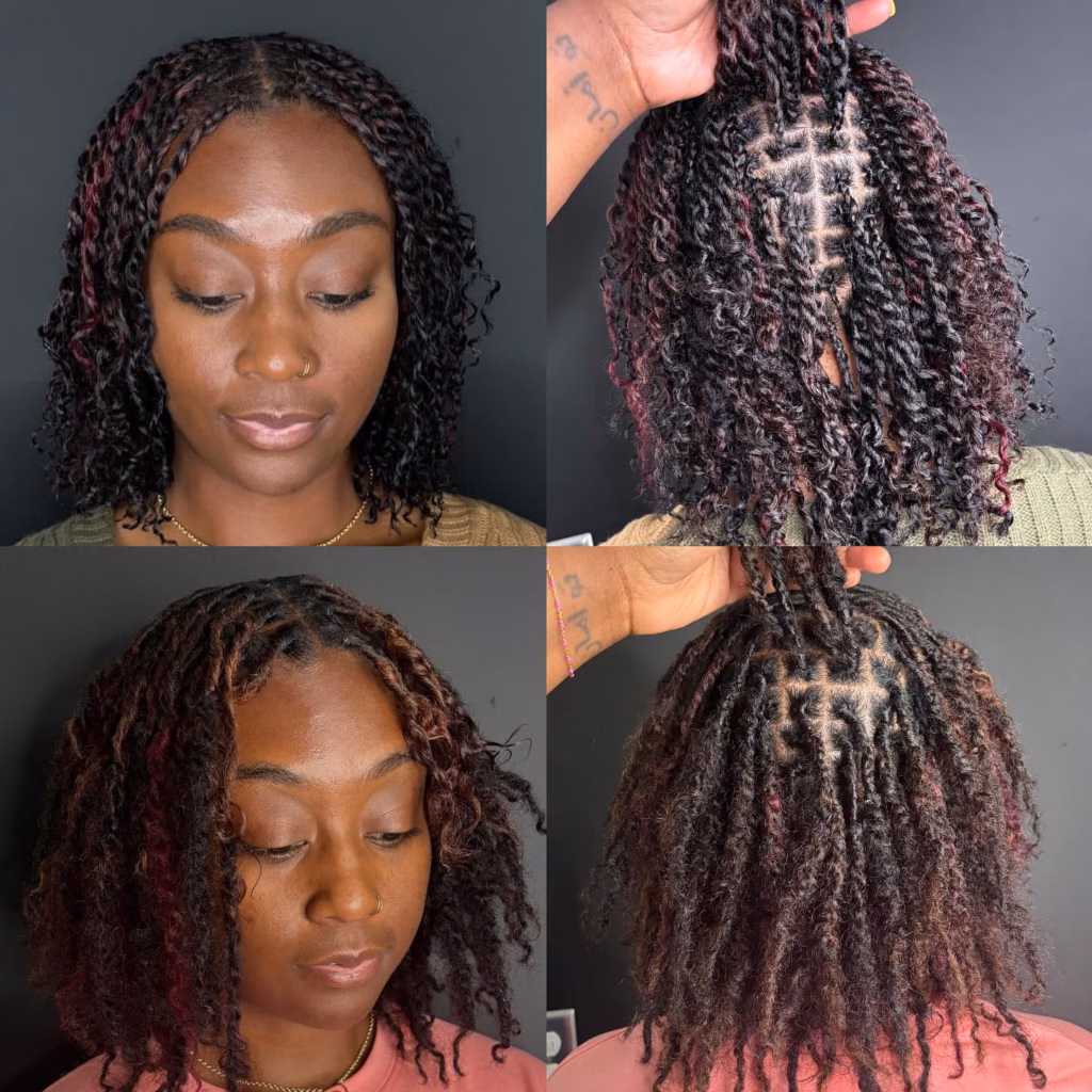 Budding Locs Bob Before and After with Black and Burgundy Color