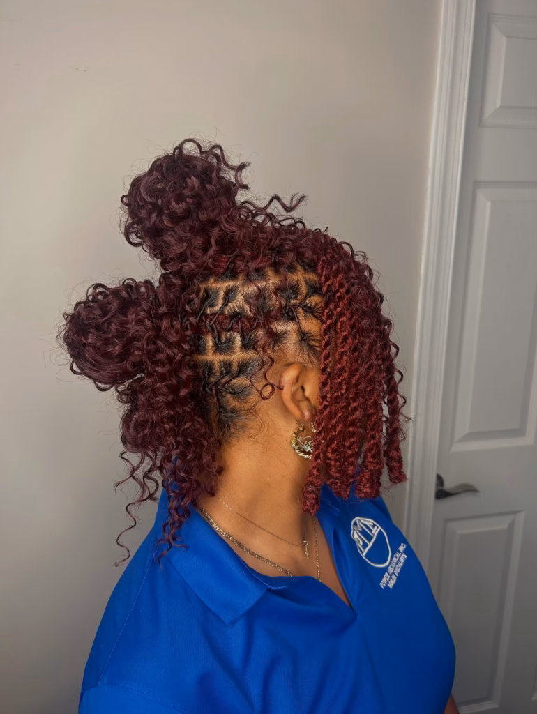 Burgundy Soft Locs With Curly Space Buns