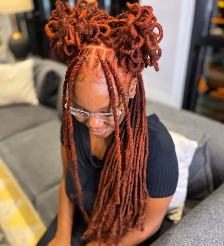 Burnt Copper Double Buns with Flowing Locs
