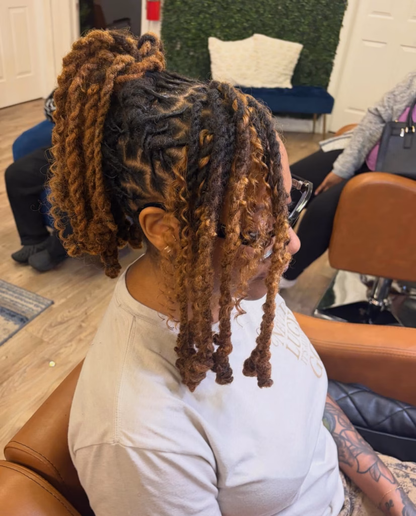 Caramel Brown Locs Half Up with Curly Tendrils