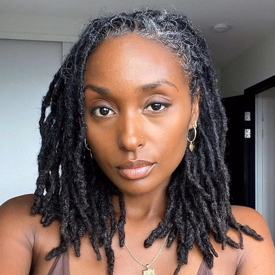 Collarbone Length Black Locs with Silver Root Peekaboo