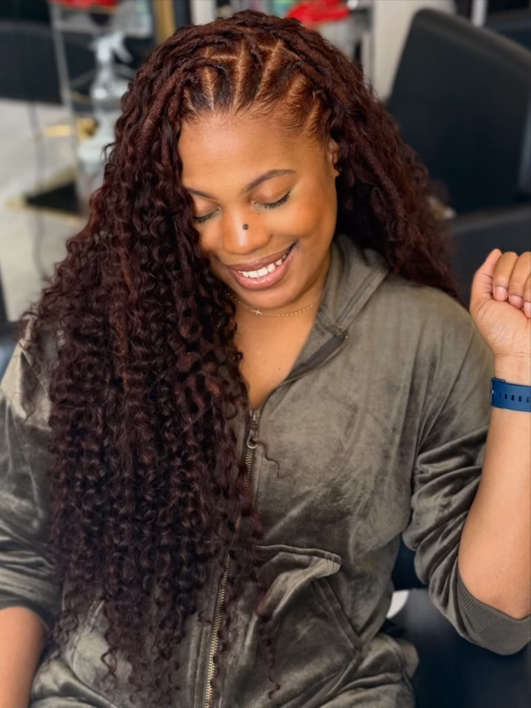 Cornrowed Crown With Long Curly Loc Extensions