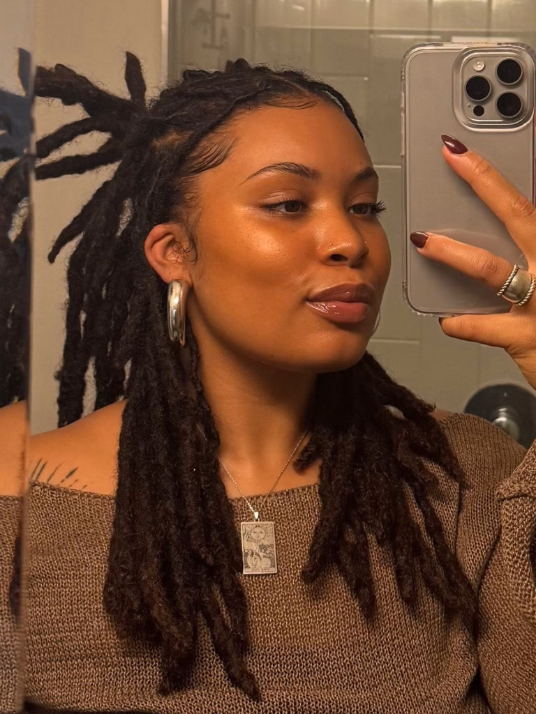 Dark Brown Freeform Locs with Half-Up Twist and Silver Accessories