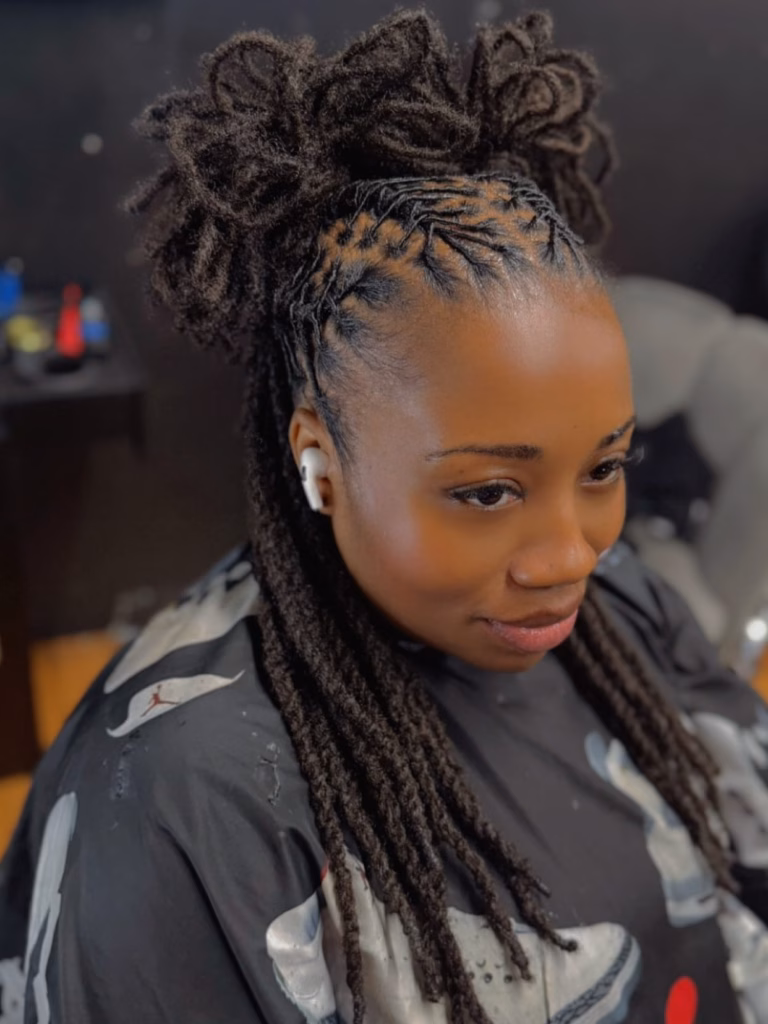 Dark Brown Half-Up Locs with Braided Crown and Trailing Ends