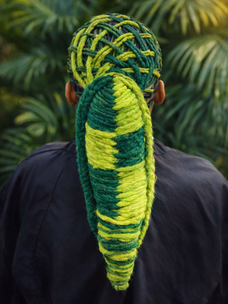 Forest Green and Neon Yellow Wrapped Locs Tail