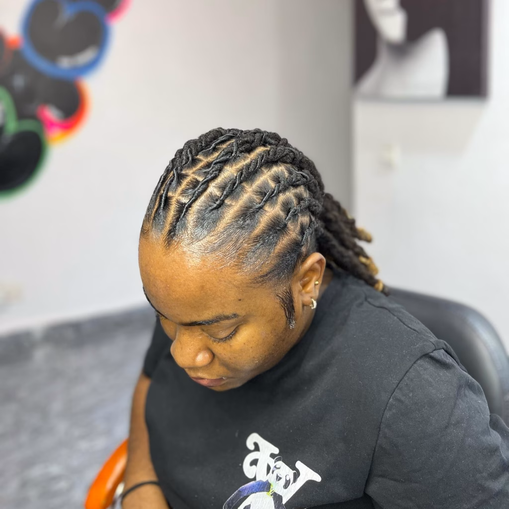 Full Scalp Flat Twist Loc Style Swept to One Side
