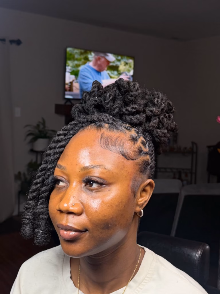 High Loc Bun With Loose Twisted Face-Framing Pieces