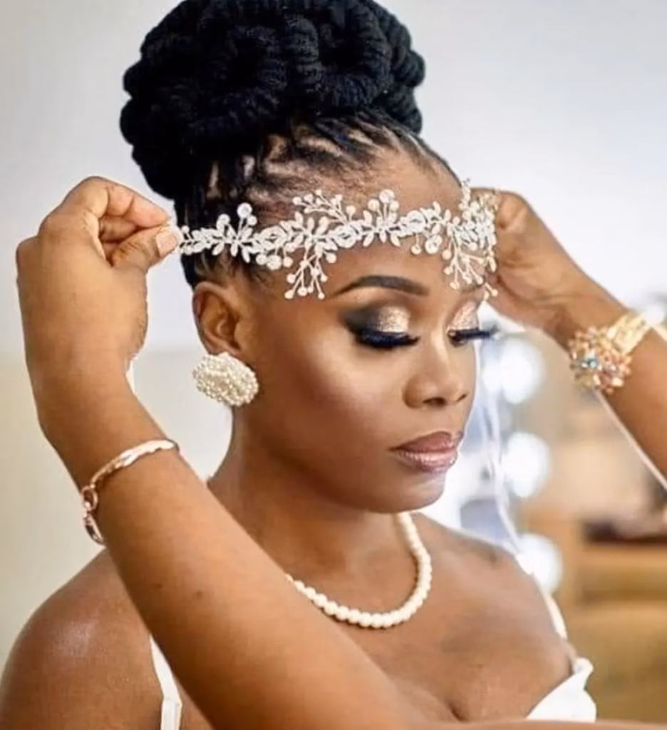  High Twisted Loc Bun with Crystal Forehead Band