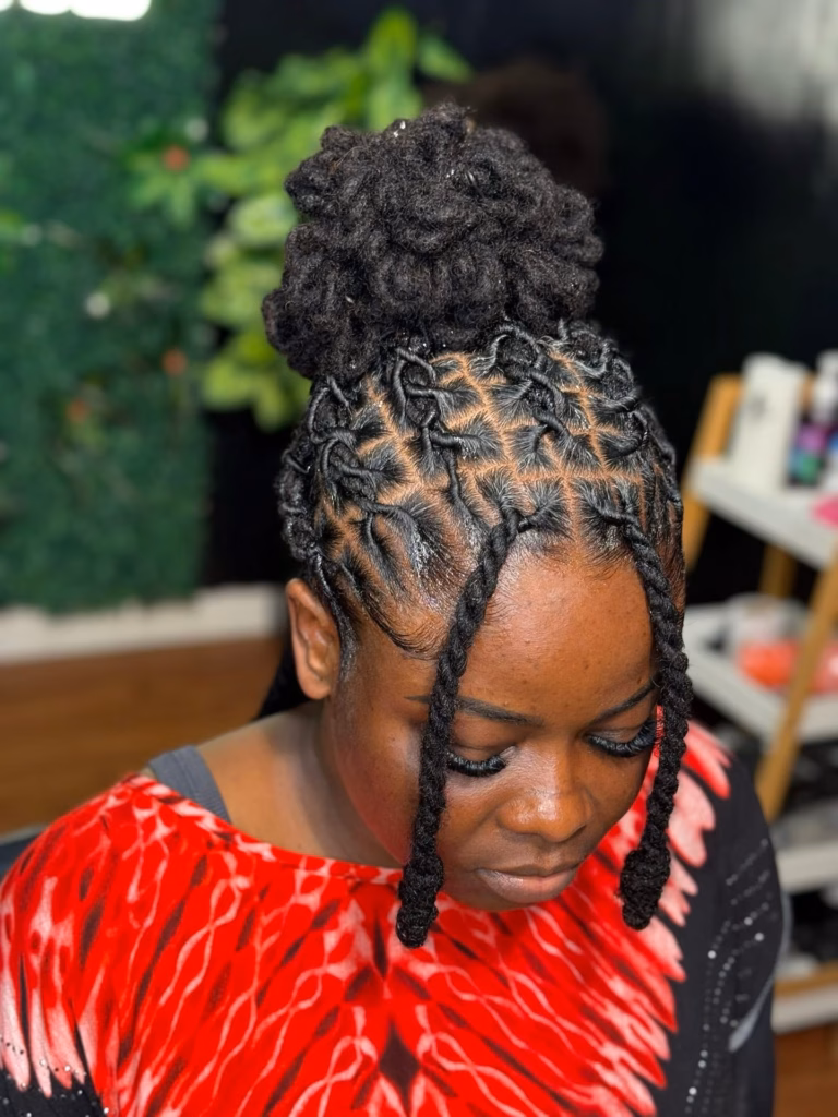 Loc Updo with Knotted Scalp and Face Framing Tendrils