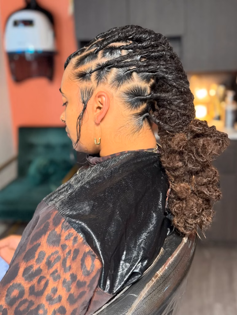 Locs Low Ponytail with Knotted Ends and Laid Edges