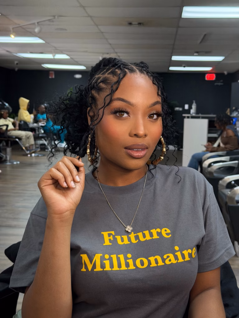 Locs with Curly Ends Half-Up Style