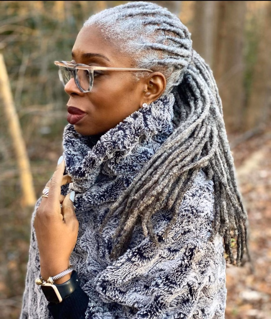 Long Silver Grey Swept-Back Locs
