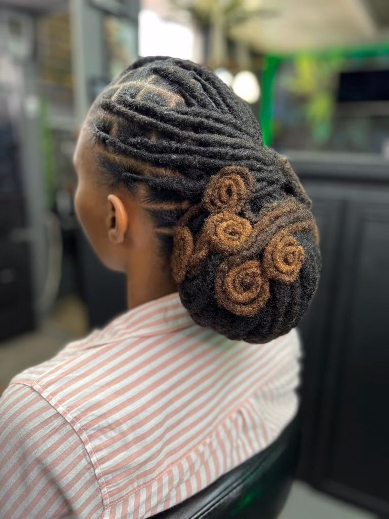Pinned Locs Updo with Coiled Rosette Detail