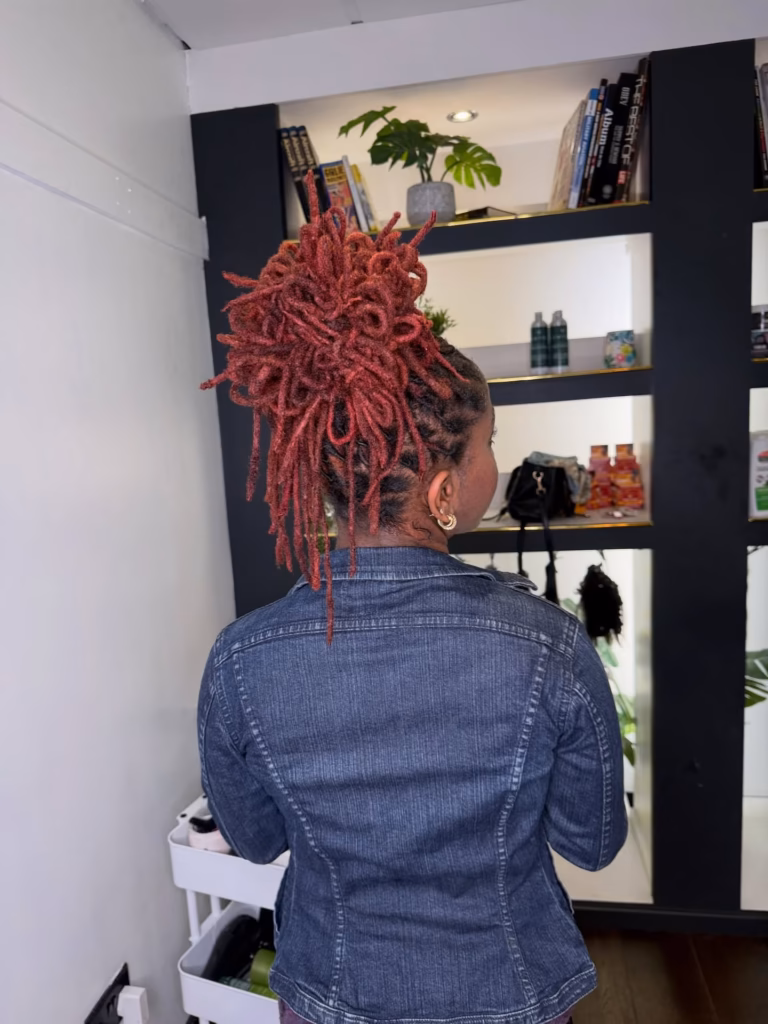 Red Loc Updo With Cascading Drop Locs