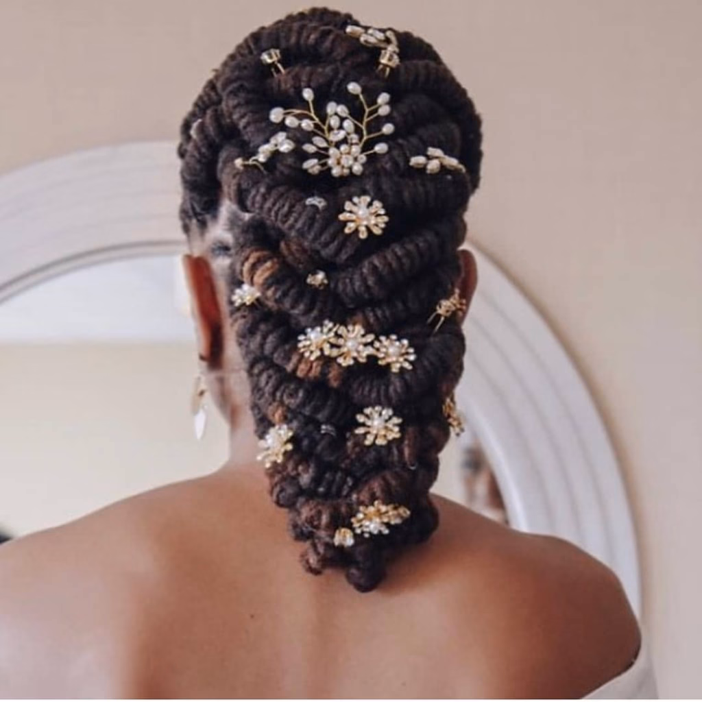 Sculpted Loc Updo with Gold Pearl Flower Pins
