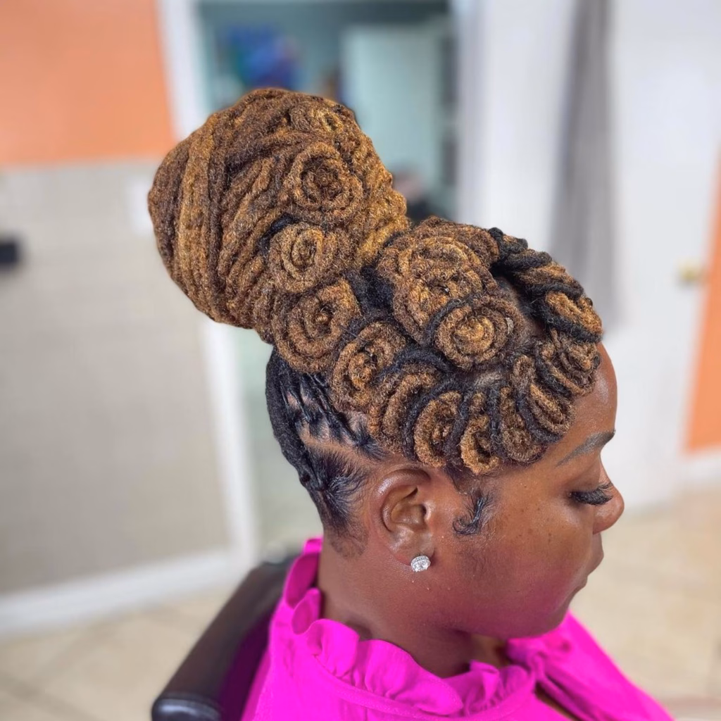 Sculpted Rosette Loc Updo with High Topknot