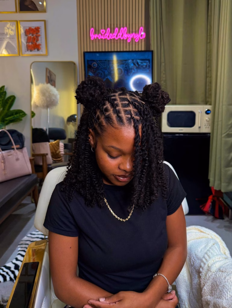 Short Curly Locs With Double Buns and Grid Parts