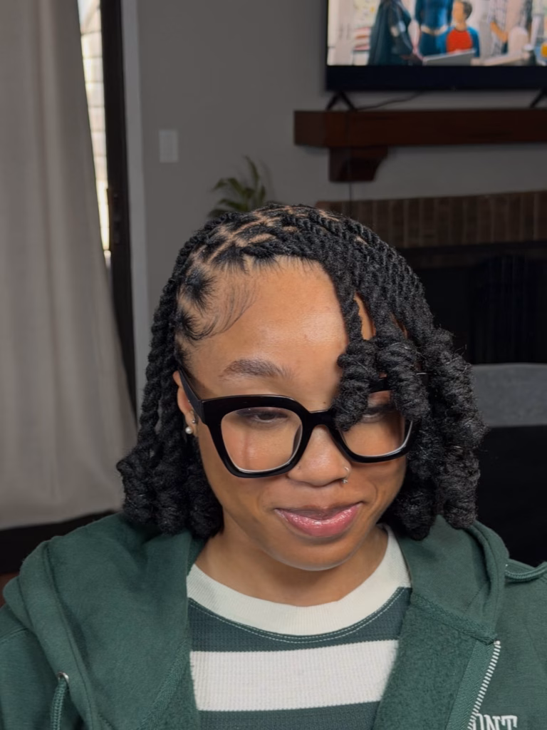 Short Starter Locs With Curled Ends and Natural Parts