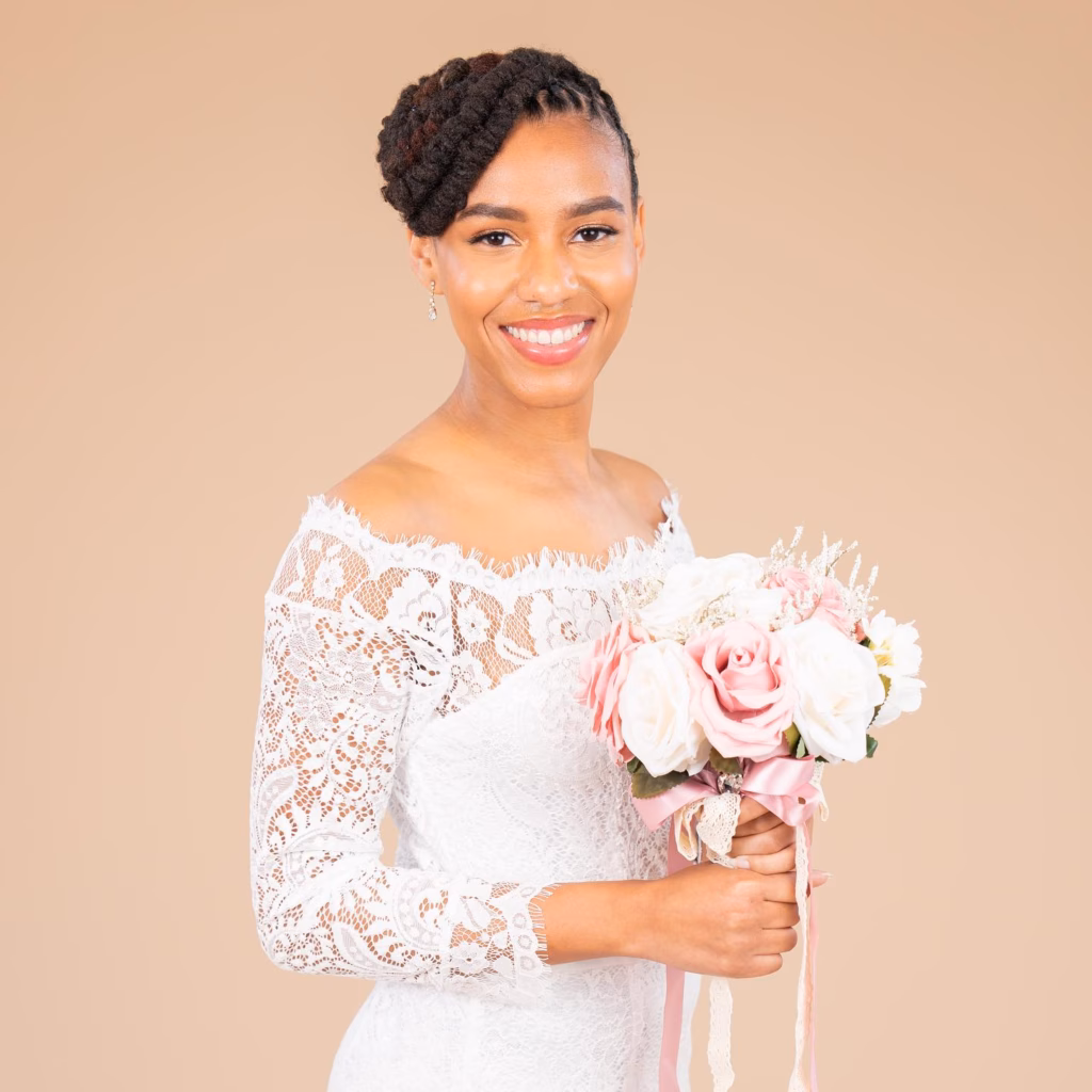 Sleek Loc Crown Braid with Off-Shoulder Lace Gown