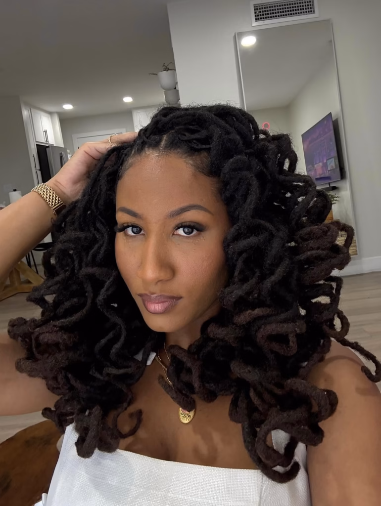 Voluminous Looped Loc Extensions With Deep Brown Ombre