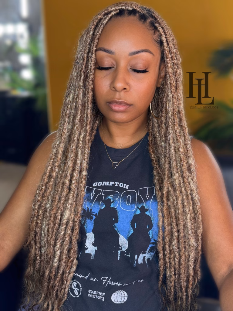 Waist-Length Blonde and Brown Highlighted Faux Locs with Center Part