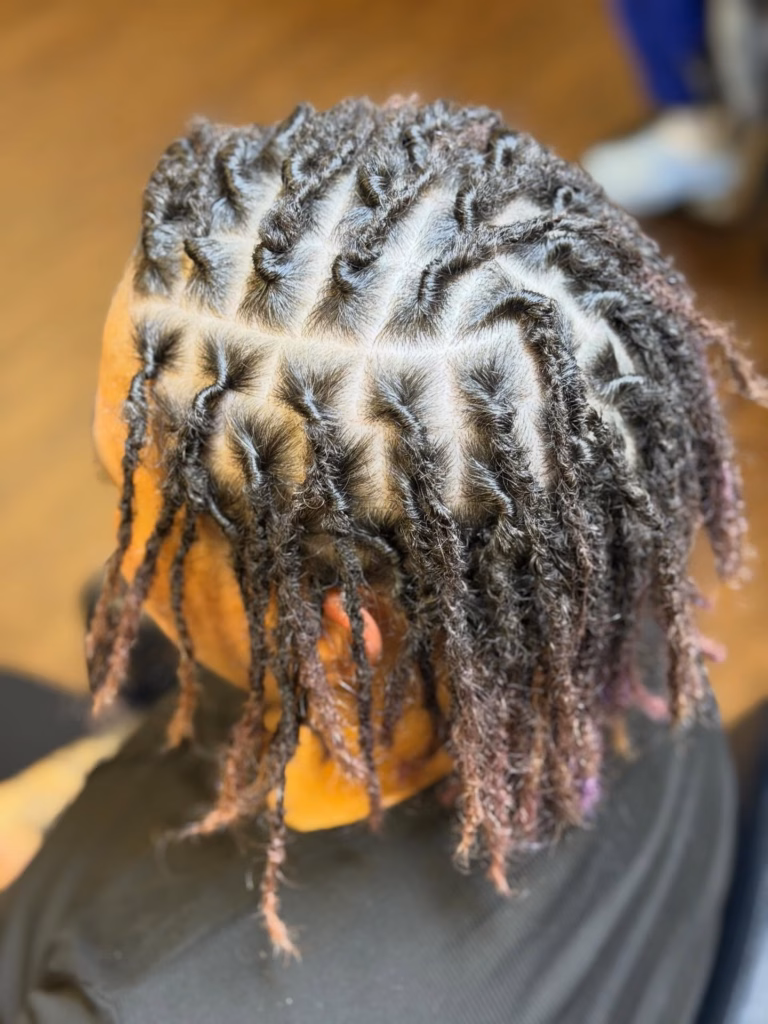 Budding Locs with Grid Parts and Subtle Pink Tipped Ends