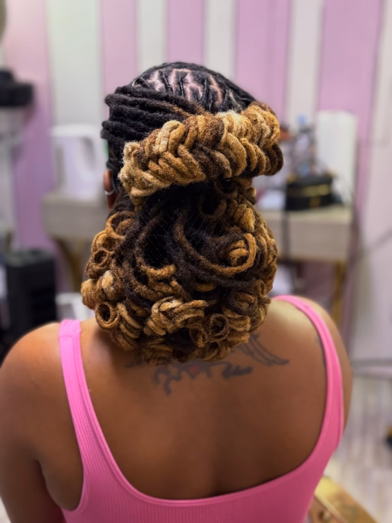 Blonde Ombre Coiled Loc Half-Up with Zigzag Parted Crown