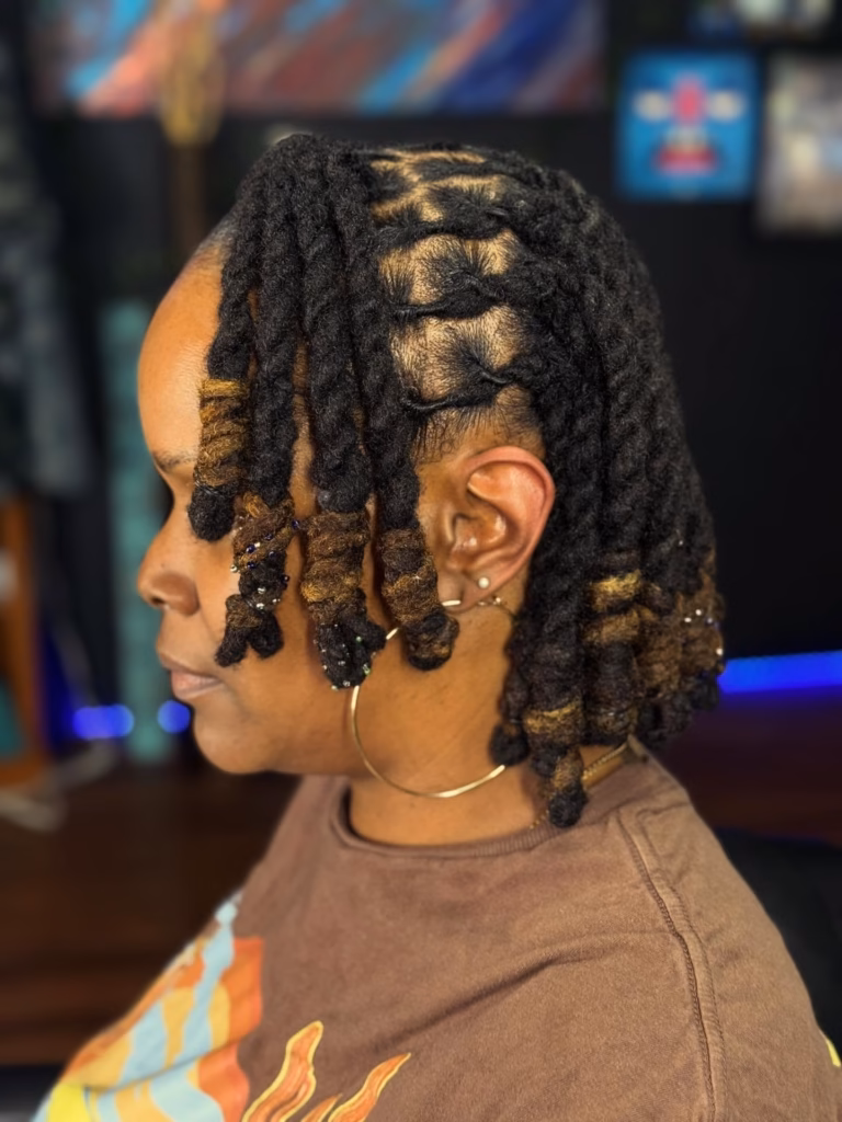 Curled Tips Locs with Beads and Highlights