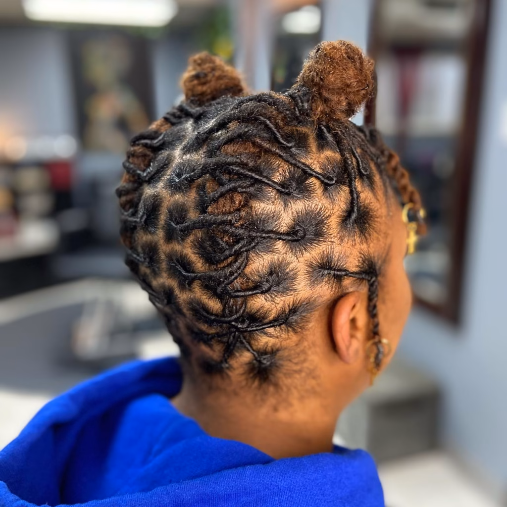 Double Buns with Pinned Loc Swirls