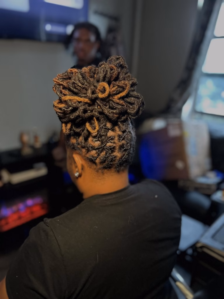 Flower Loc Updo with Auburn Two-Tone Looped Crown