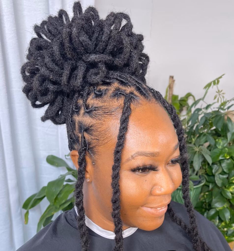 Flower Petal High Bun With Straight Drop Face-Framing Locs