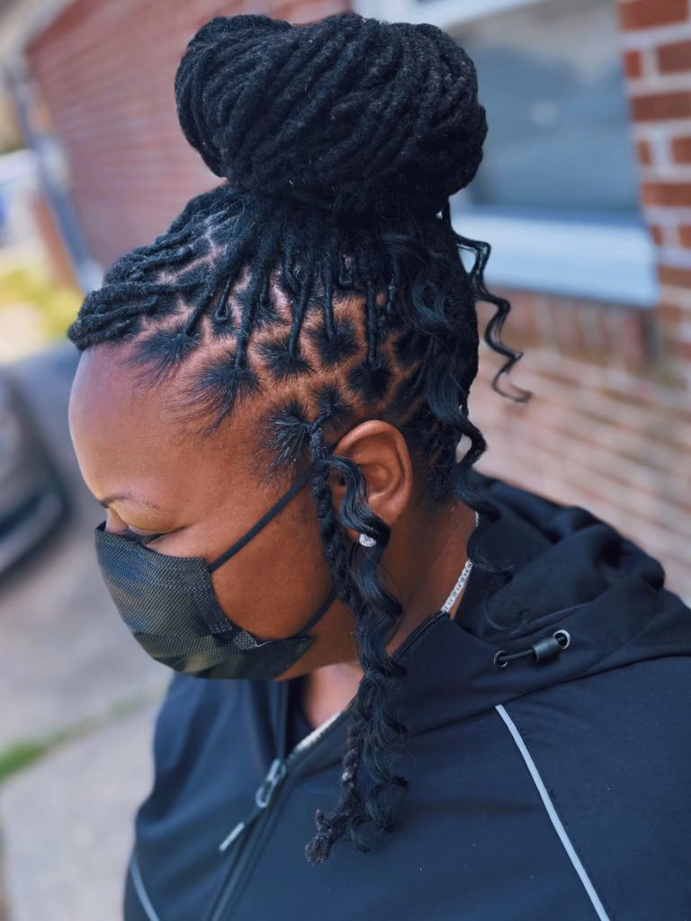 High Bun With Underlay Grid and Curly Loc Extensions