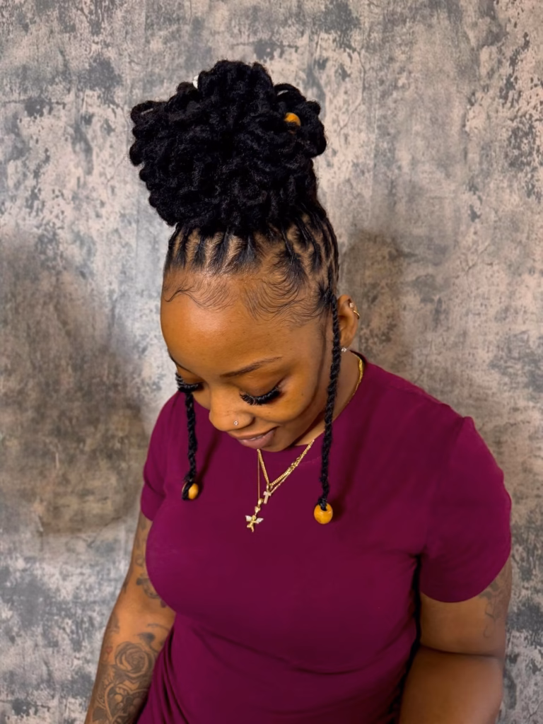 High Petal Bun With Beaded Face-Framing Locs