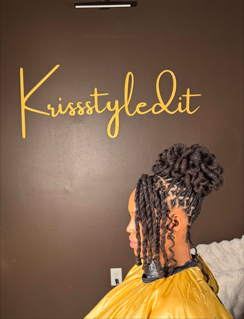 High Petal Bun With Diamond Grid Underlay and Crimped Drop Locs