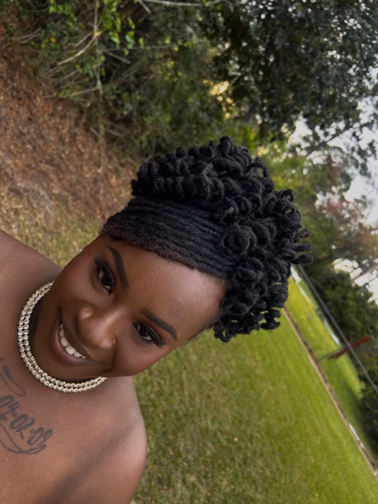 Short Loc Coil Updo with Flat Sides and Textured Crown Rosettes