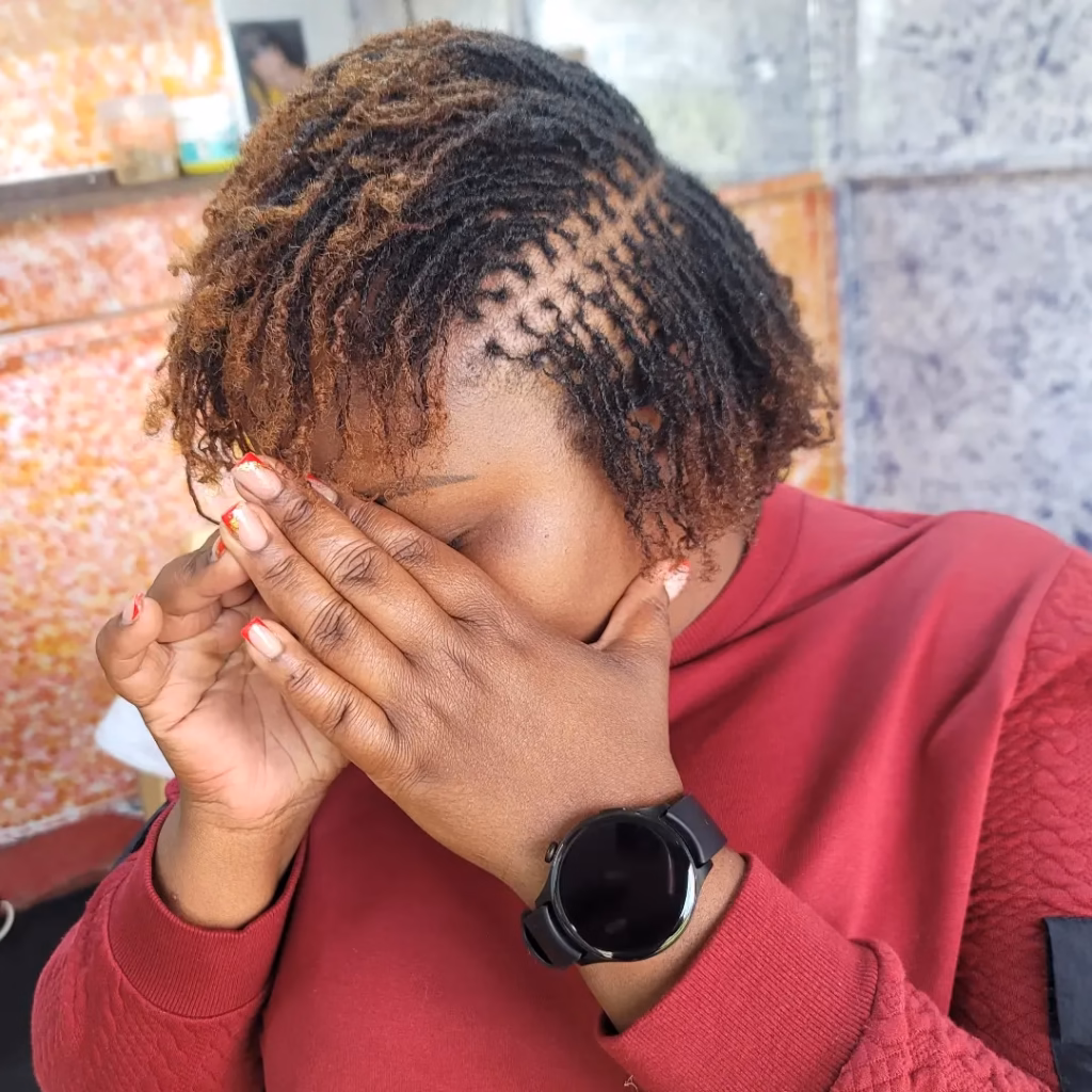 Short Sisterlocks TWA With Honey Brown Color and Loose Curly Ends
