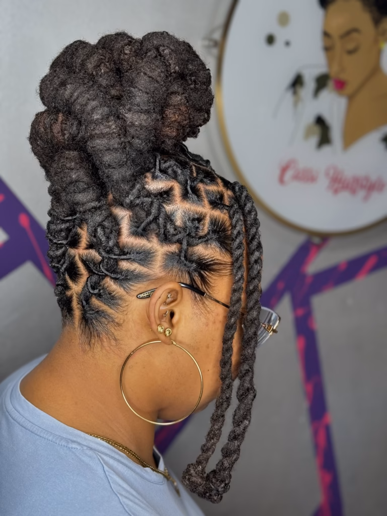 Stacked Petal Bun With Diamond Grid Underlay and Twisted Drop Locs