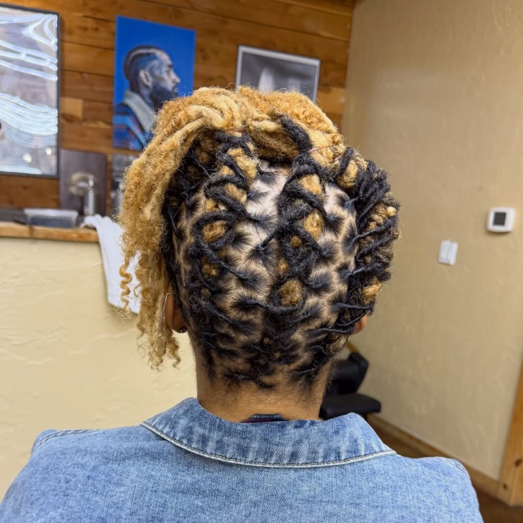 Two-Tone Woven Loc Updo with Blonde and Black Diamond Pattern