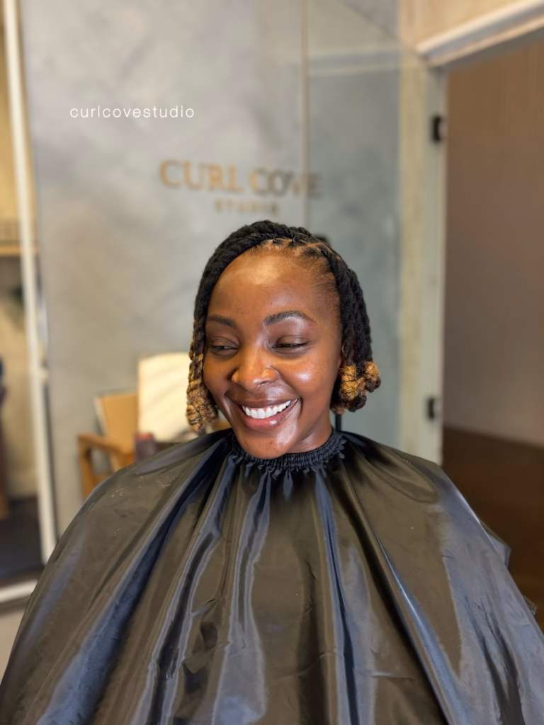 Two-Tone Bob Locs with Honey Brown Curled Ends