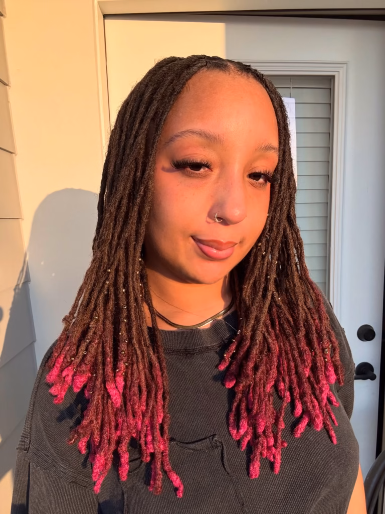 Brown Locs with Bold Hot Pink Dipped Ends