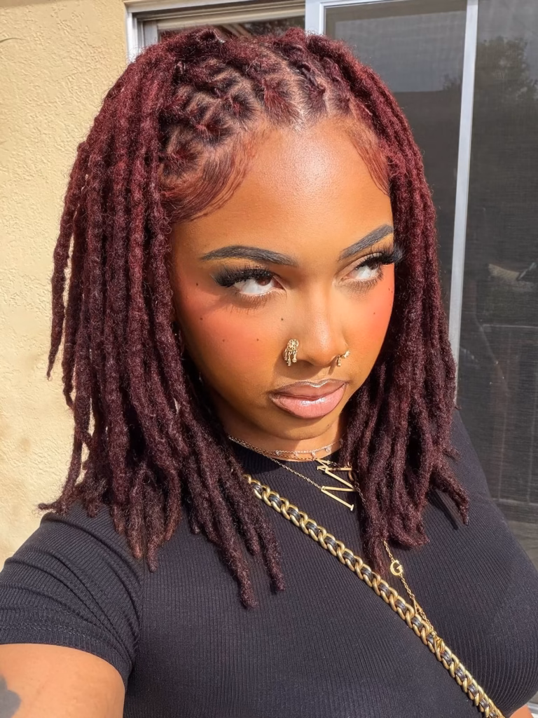 Burgundy Bob Locs with Slicked Side Part