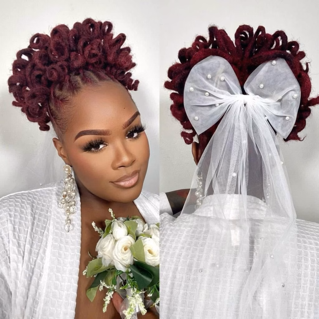 Burgundy Looped Bridal Loc Crown With Bow Veil