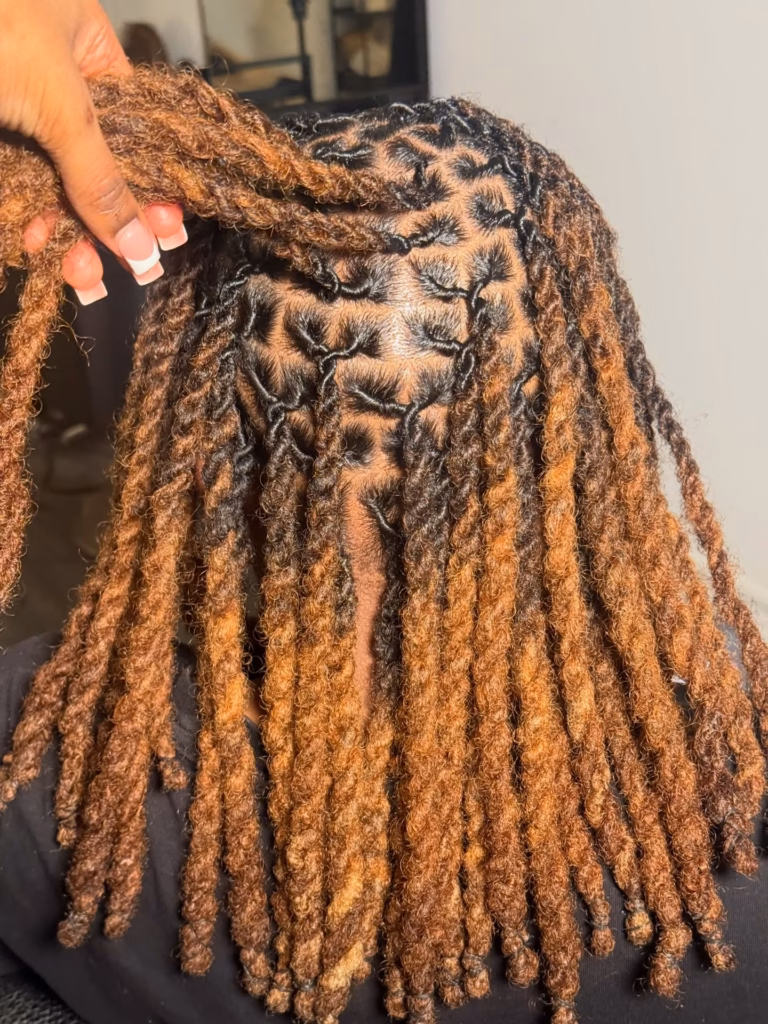 Caramel Two-Strand Twist Locs with Dark Root Shadow
