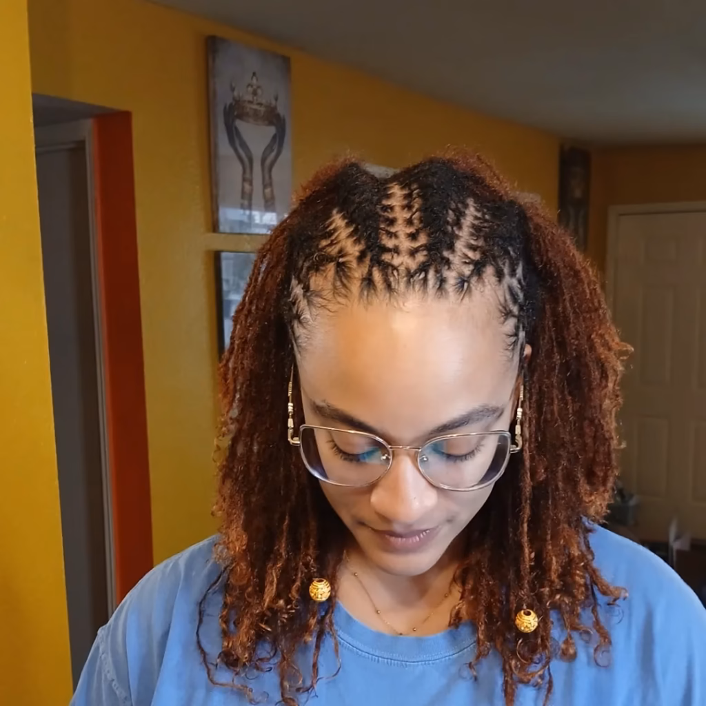 Chevron-Parted Locs with Gold Bead Accents