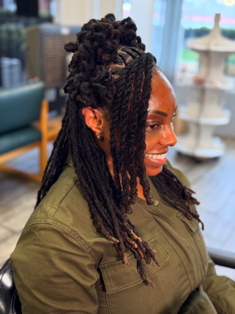 Curly Half Up Locs with Diagonal Front Rows